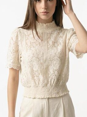 Smocked Lace High-Neck Blouse in Cream
